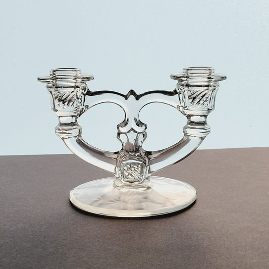 Indiana Glass Double Candlestick Holder, Etched Floral, c.1939-47 USA