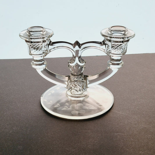 Indiana Glass Double Candlestick Holder, Etched Floral, c.1939-47 USA