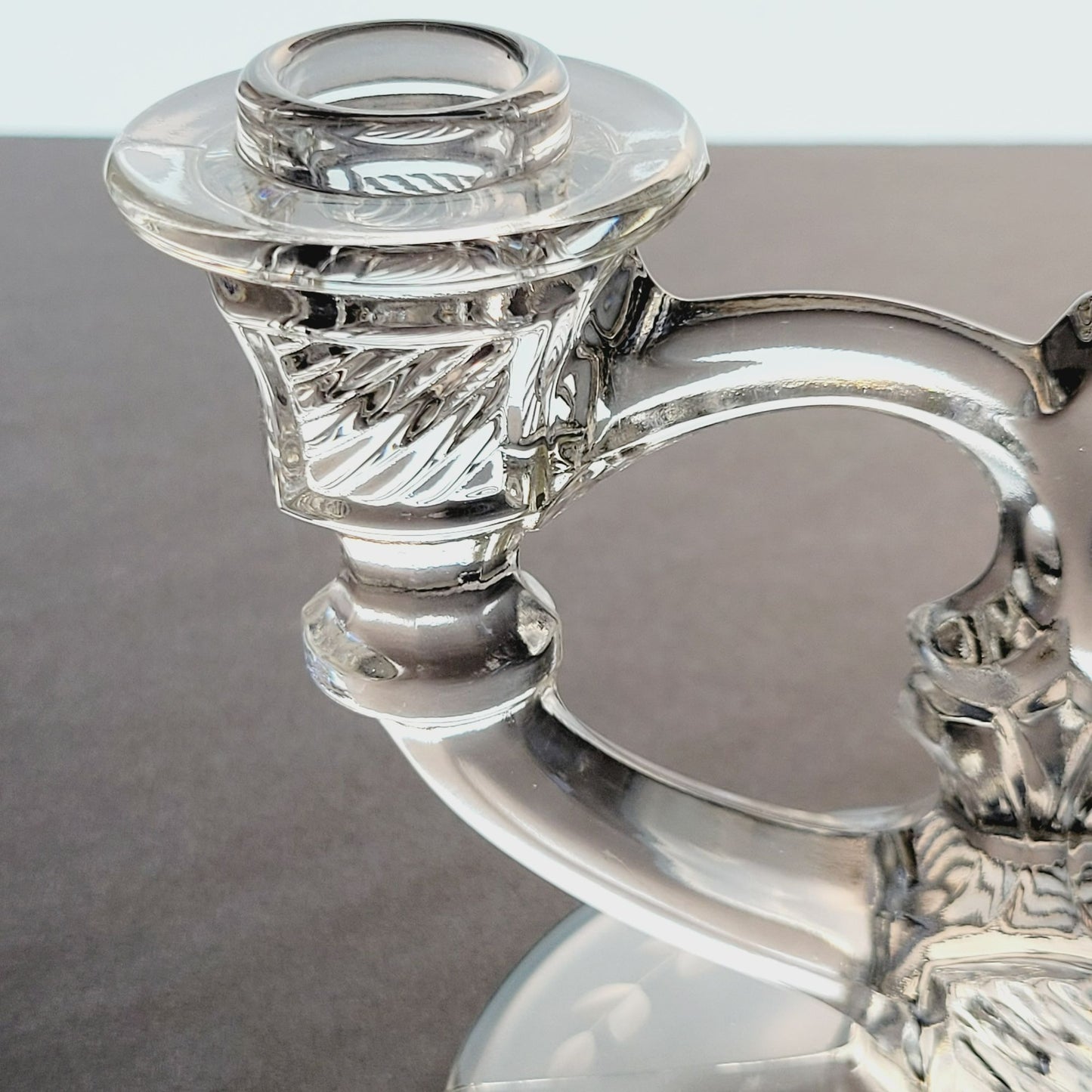 Indiana Glass Double Candlestick Holder, Etched Floral, c.1939-47 USA