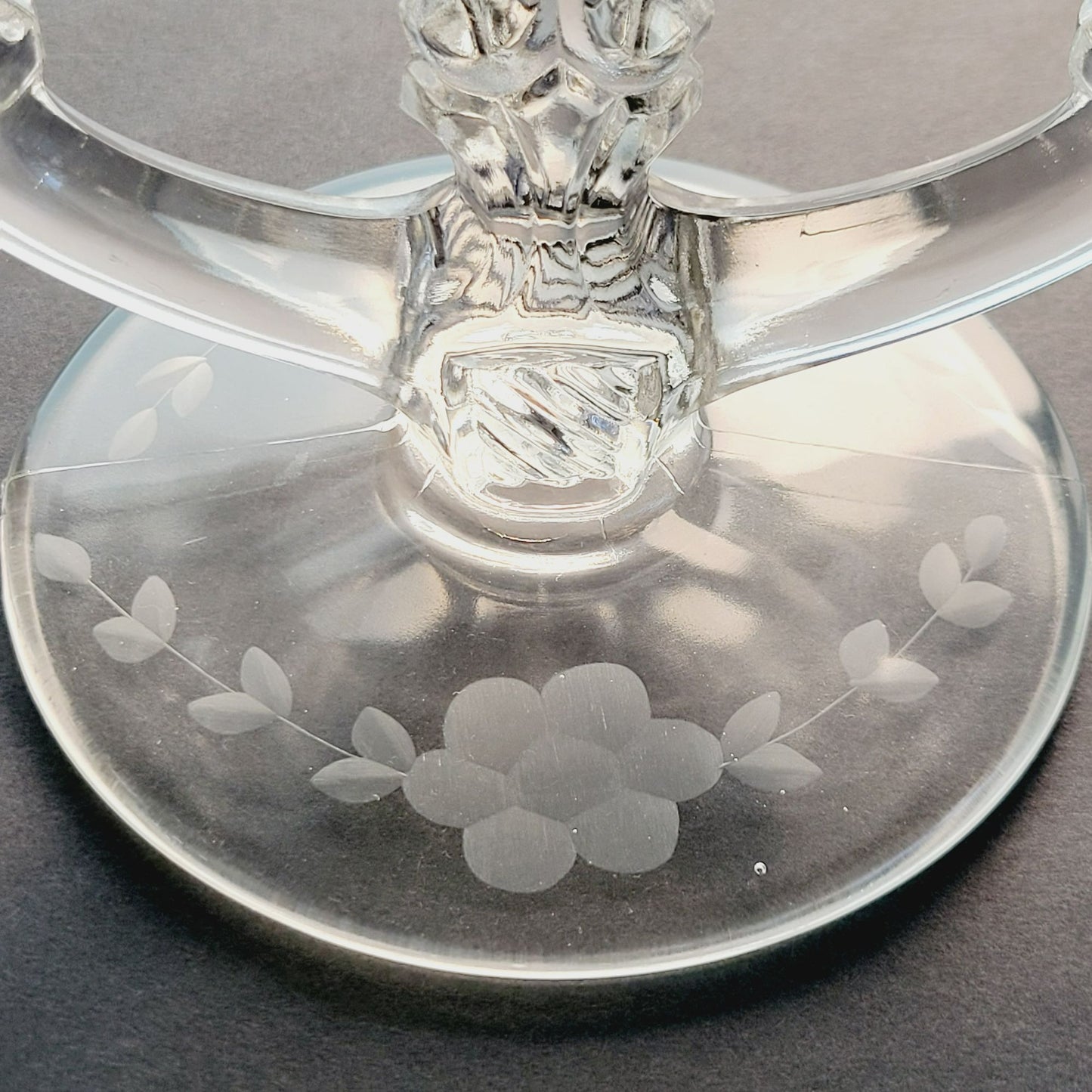 Indiana Glass Double Candlestick Holder, Etched Floral, c.1939-47 USA