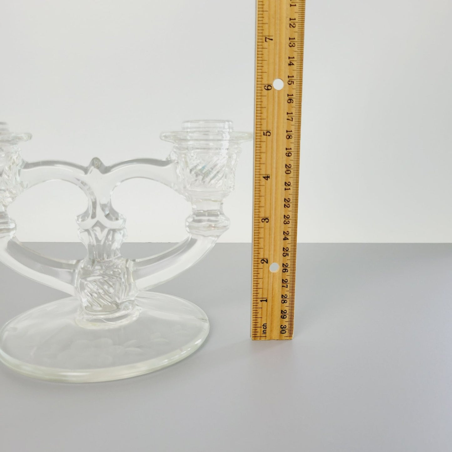 Indiana Glass Double Candlestick Holder, Etched Floral, c.1939-47 USA