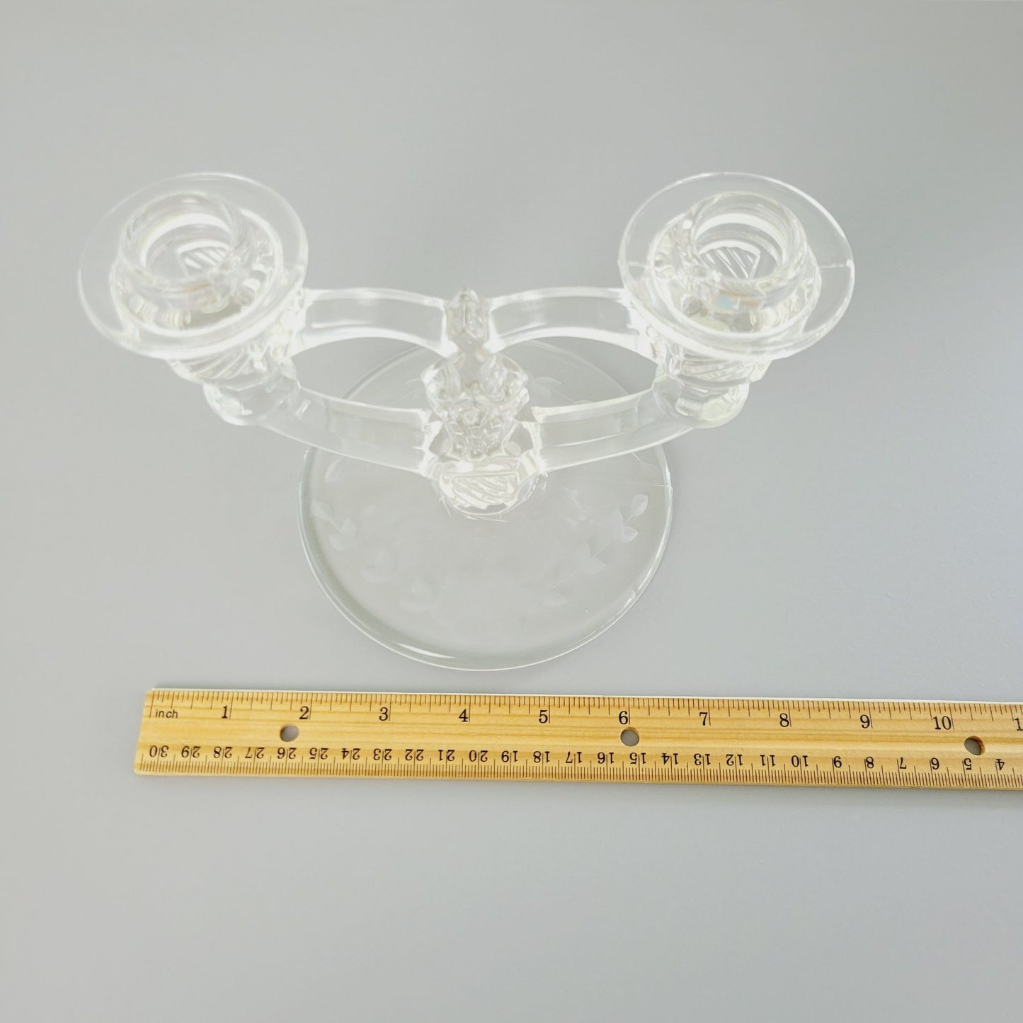 Indiana Glass Double Candlestick Holder, Etched Floral, c.1939-47 USA