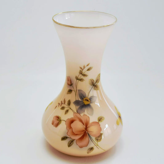 Vintage Pink Floral 10" Glass Vase, Muted Pink & Blue Flowers with Yellow Butterfly