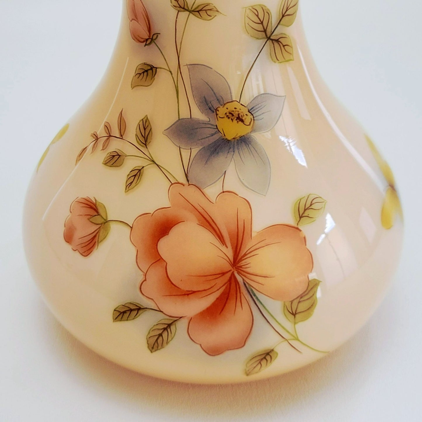 Vintage Pink Floral 10" Glass Vase, Muted Pink & Blue Flowers with Yellow Butterfly