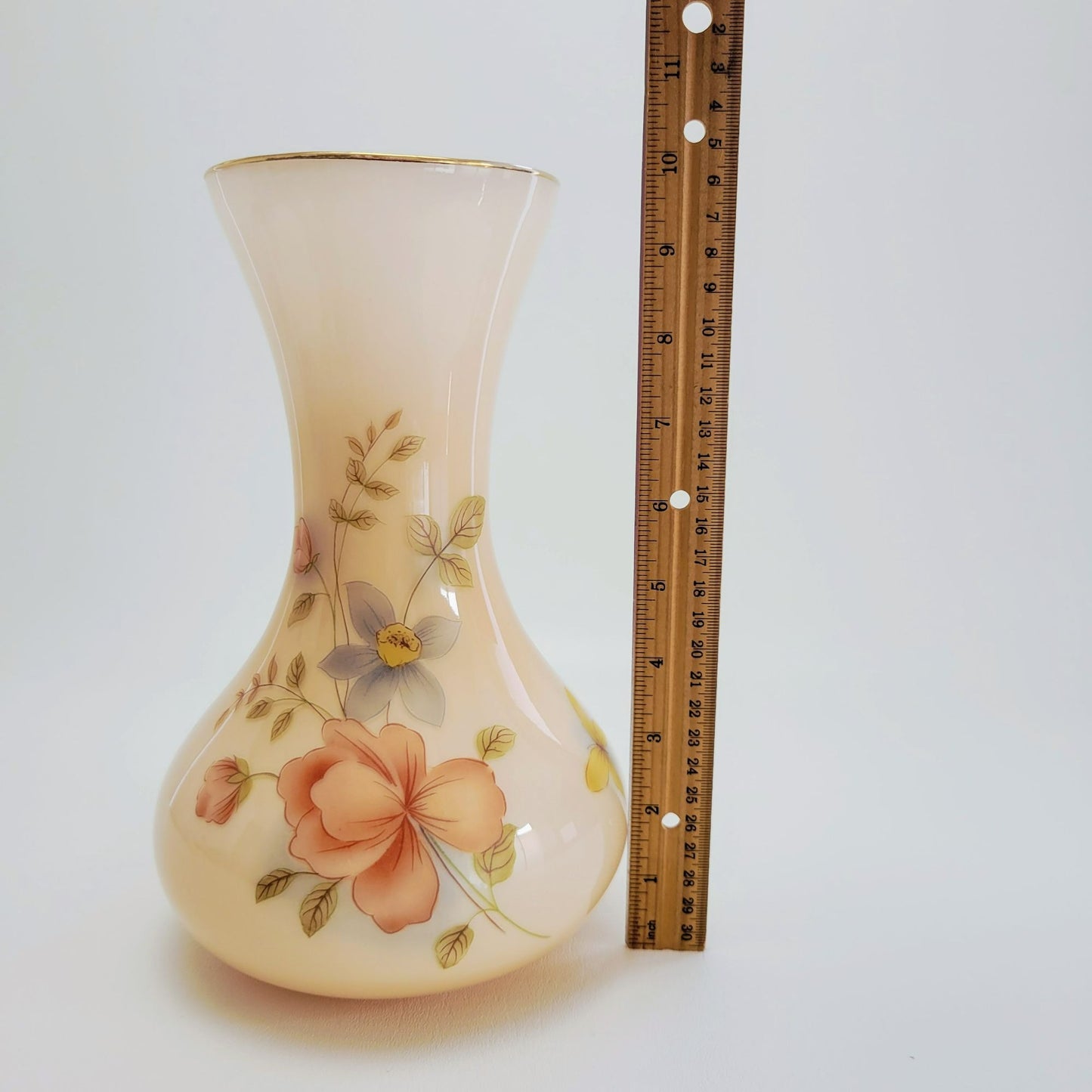 Vintage Pink Floral 10" Glass Vase, Muted Pink & Blue Flowers with Yellow Butterfly