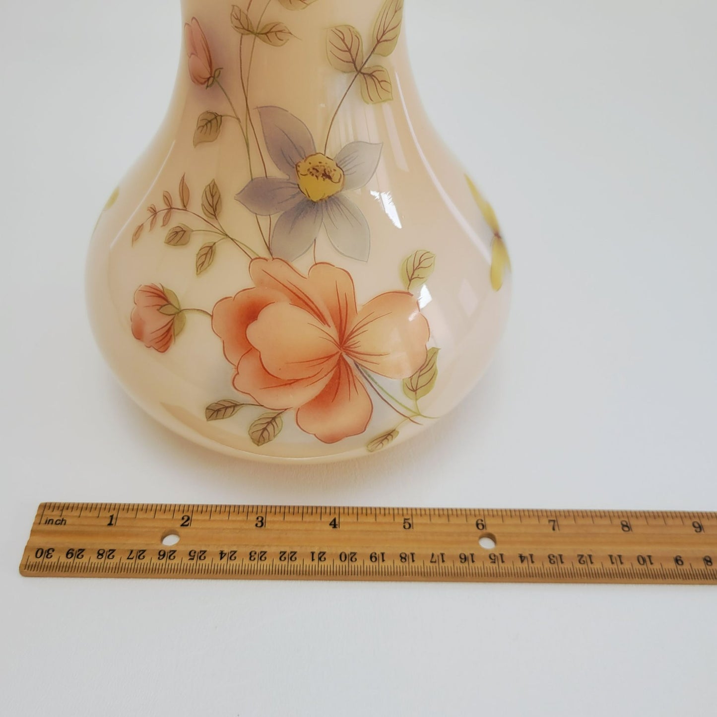 Vintage Pink Floral 10" Glass Vase, Muted Pink & Blue Flowers with Yellow Butterfly