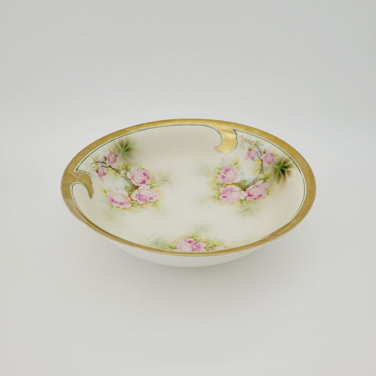 Leuchtenburg Pink Floral Cabinet Bowl, Heavy Gold Edge, Hand Painted Pink Rose, Artist Signed, c.1920-1935 Germany