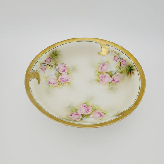 Leuchtenburg Pink Floral Cabinet Bowl, Heavy Gold Edge, Hand Painted Pink Rose, Artist Signed, c.1920-1935 Germany