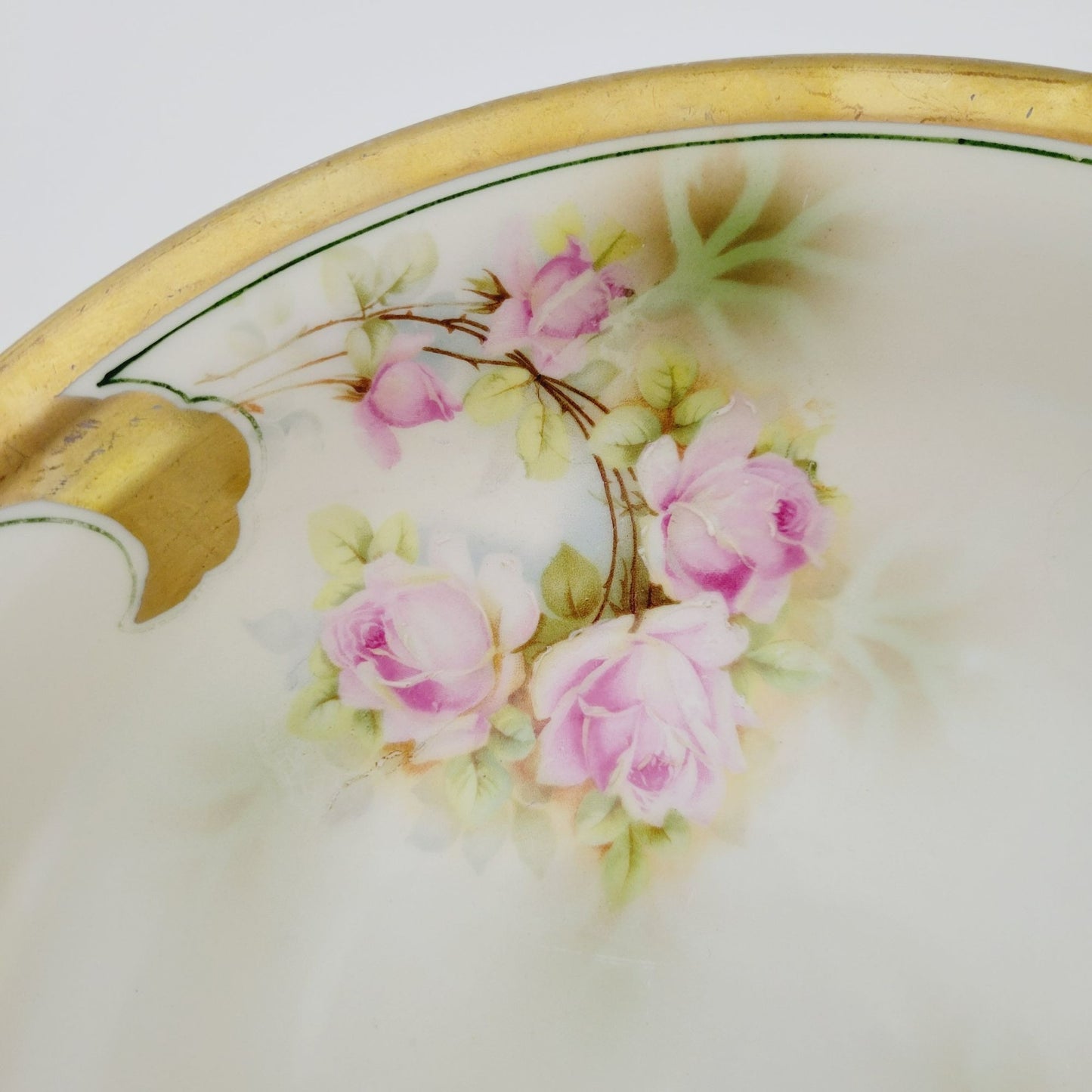 Leuchtenburg Pink Floral Cabinet Bowl, Heavy Gold Edge, Hand Painted Pink Rose, Artist Signed, c.1920-1935 Germany