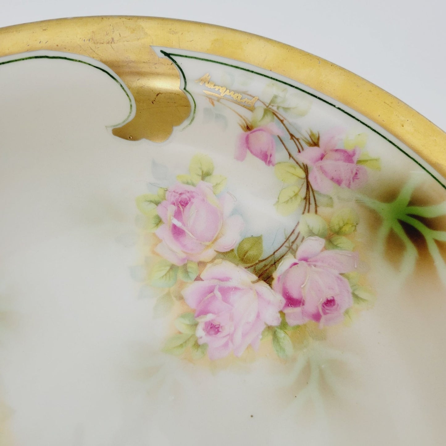Leuchtenburg Pink Floral Cabinet Bowl, Heavy Gold Edge, Hand Painted Pink Rose, Artist Signed, c.1920-1935 Germany