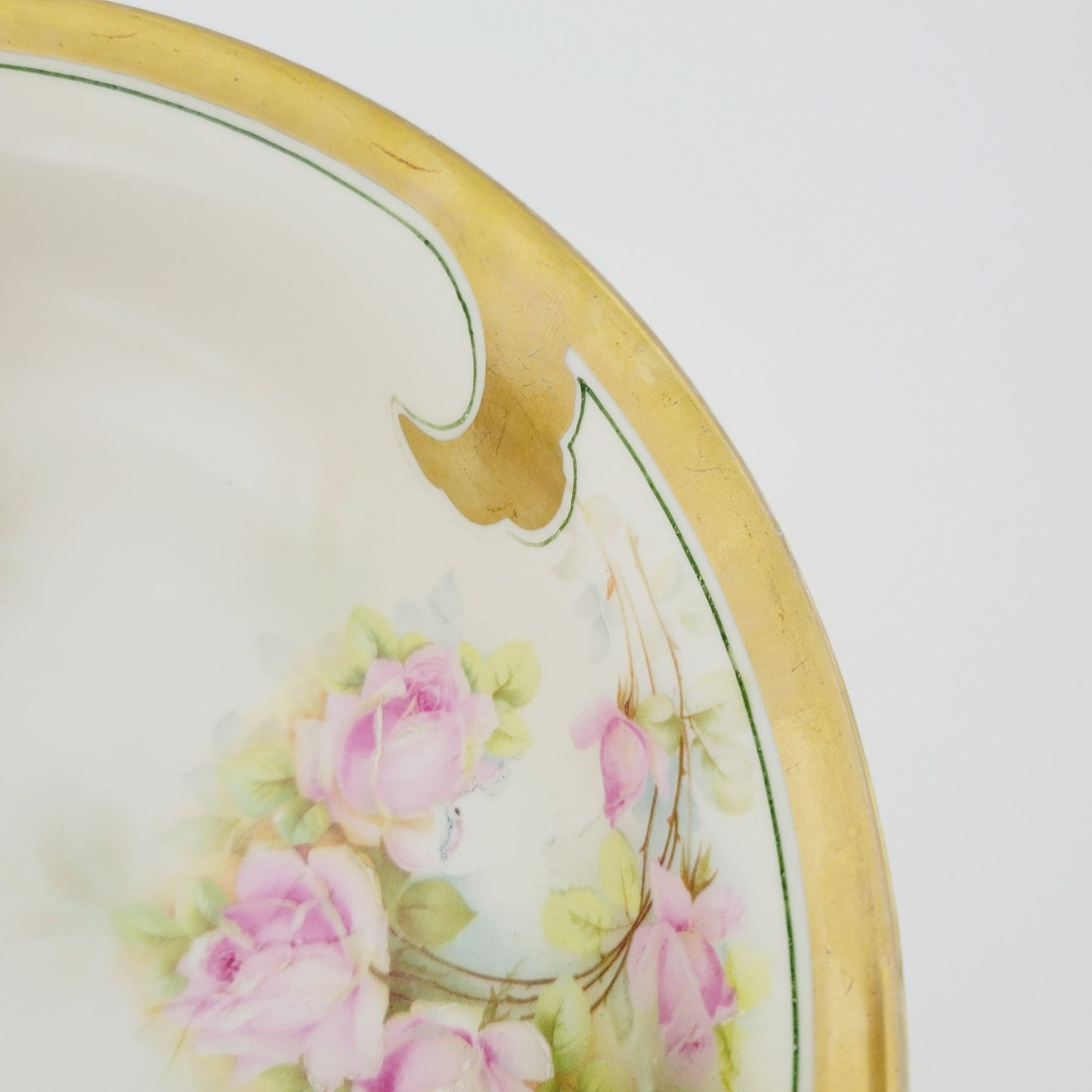 Leuchtenburg Pink Floral Cabinet Bowl, Heavy Gold Edge, Hand Painted Pink Rose, Artist Signed, c.1920-1935 Germany