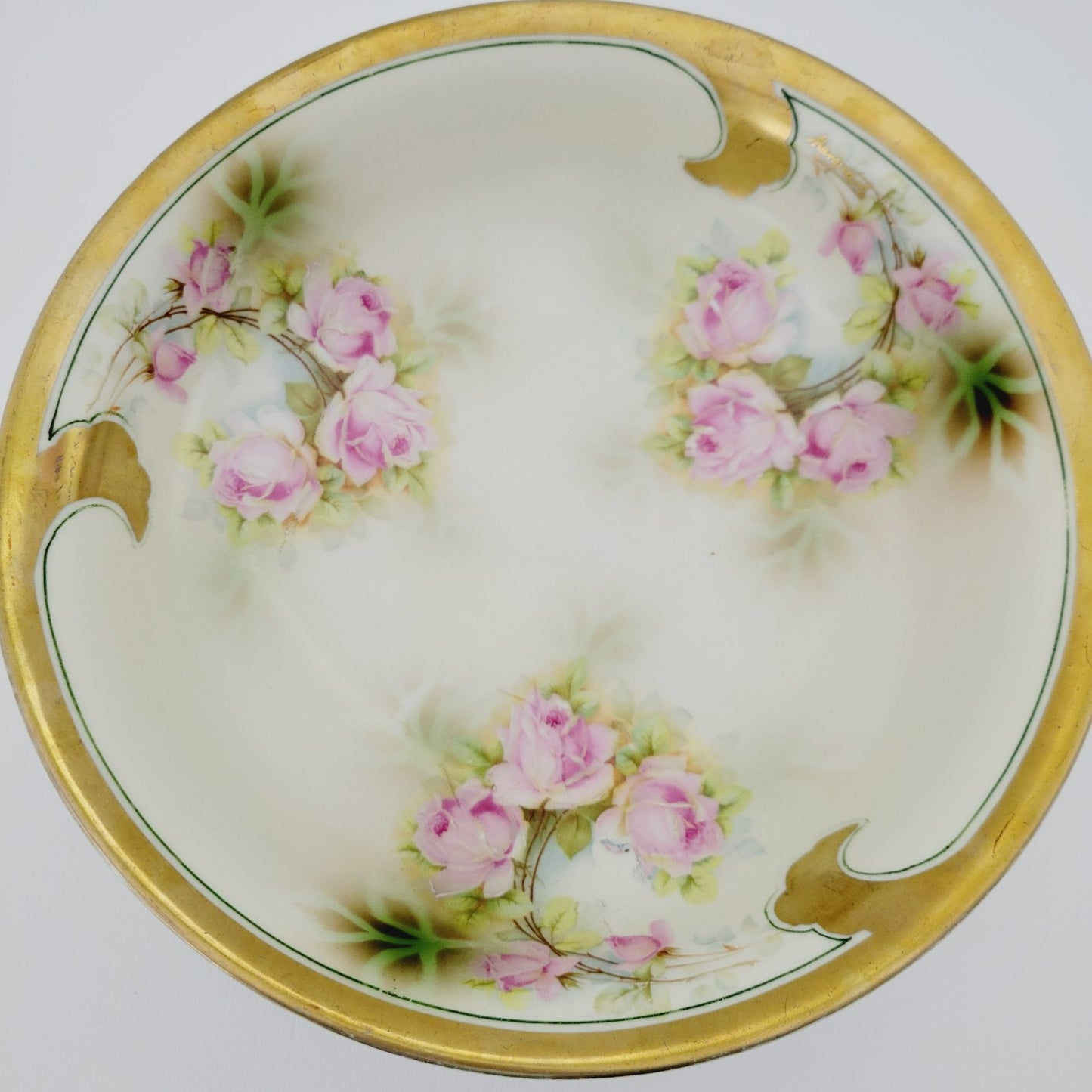 Leuchtenburg Pink Floral Cabinet Bowl, Heavy Gold Edge, Hand Painted Pink Rose, Artist Signed, c.1920-1935 Germany
