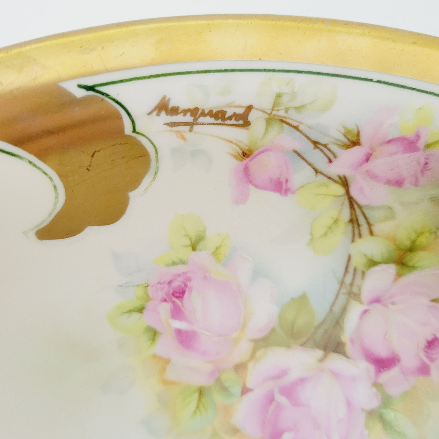 Leuchtenburg Pink Floral Cabinet Bowl, Heavy Gold Edge, Hand Painted Pink Rose, Artist Signed, c.1920-1935 Germany