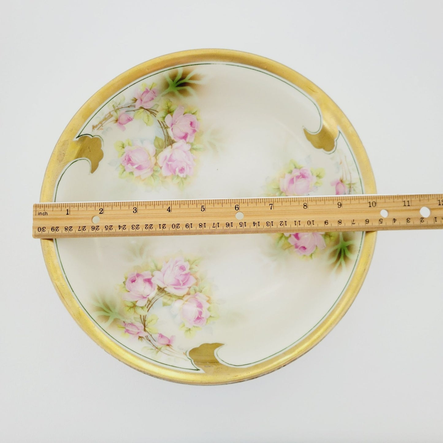 Leuchtenburg Pink Floral Cabinet Bowl, Heavy Gold Edge, Hand Painted Pink Rose, Artist Signed, c.1920-1935 Germany