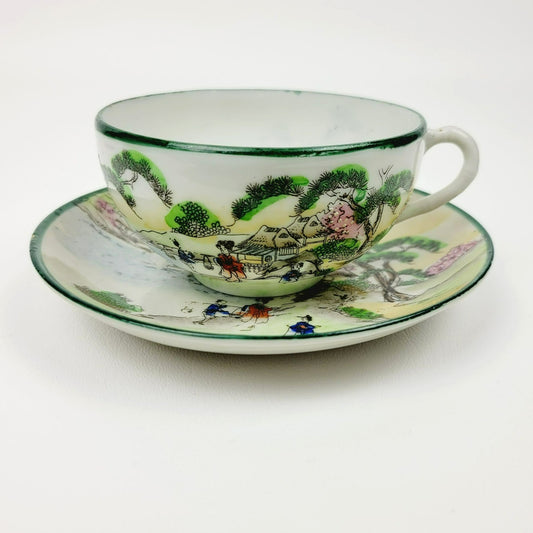 Nippon Kutani Teacup & Saucers, Green Trim Hand Painted Japanese Mountain & Lake Scene