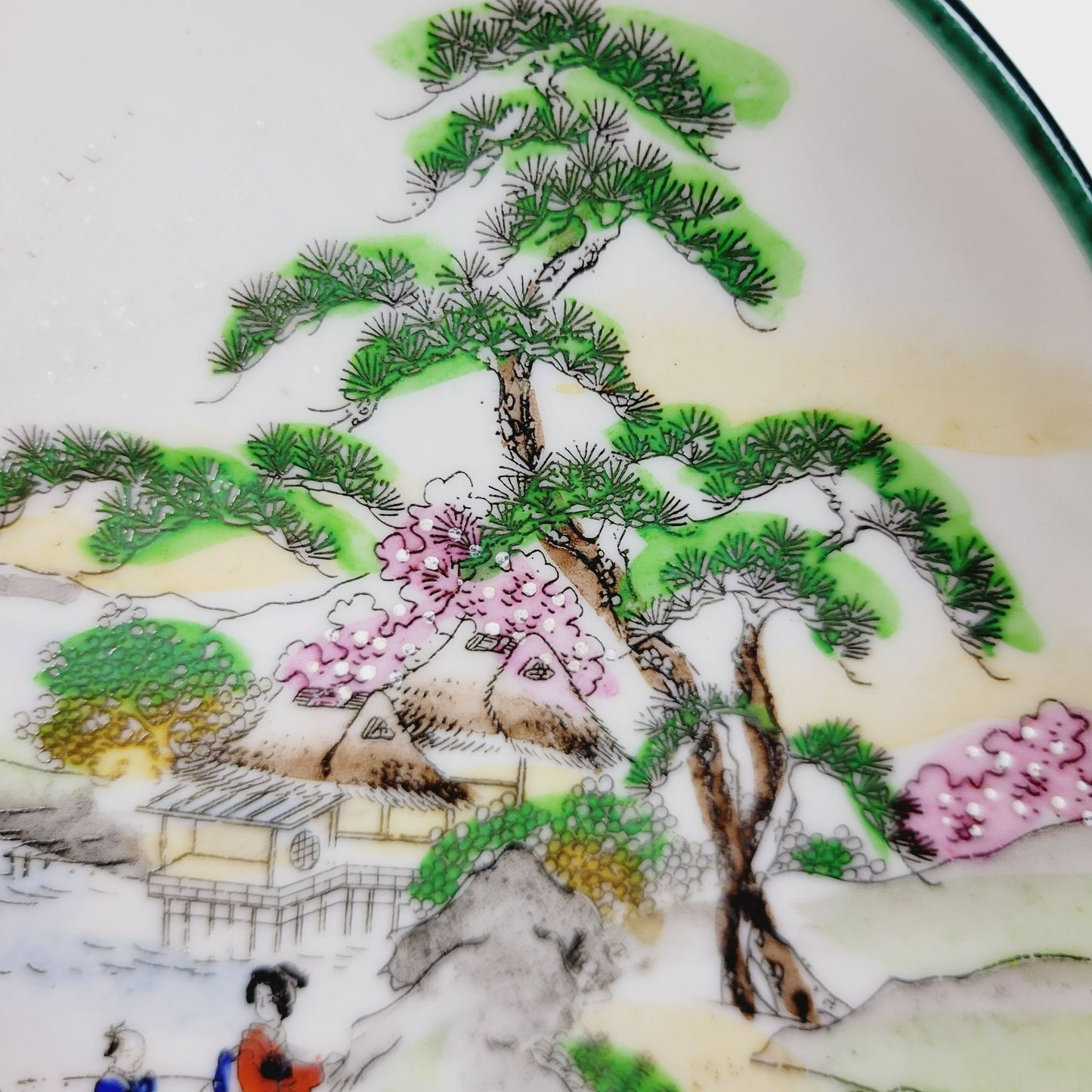 Nippon Kutani Teacup & Saucers, Green Trim Hand Painted Japanese Mountain & Lake Scene