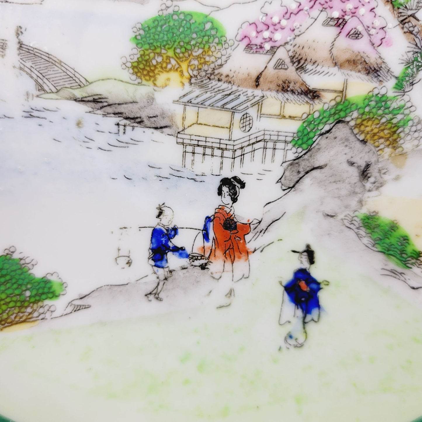 Nippon Kutani Teacup & Saucers, Green Trim Hand Painted Japanese Mountain & Lake Scene