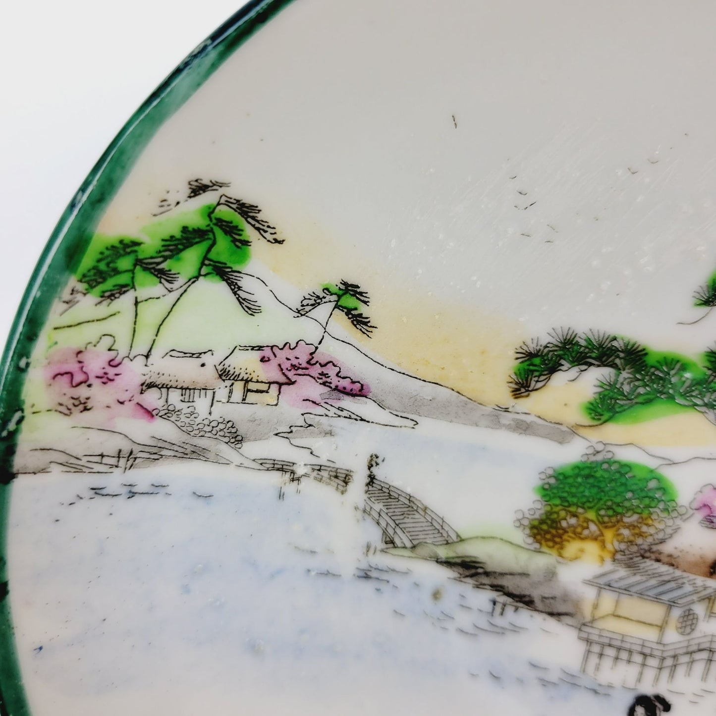 Nippon Kutani Teacup & Saucers, Green Trim Hand Painted Japanese Mountain & Lake Scene
