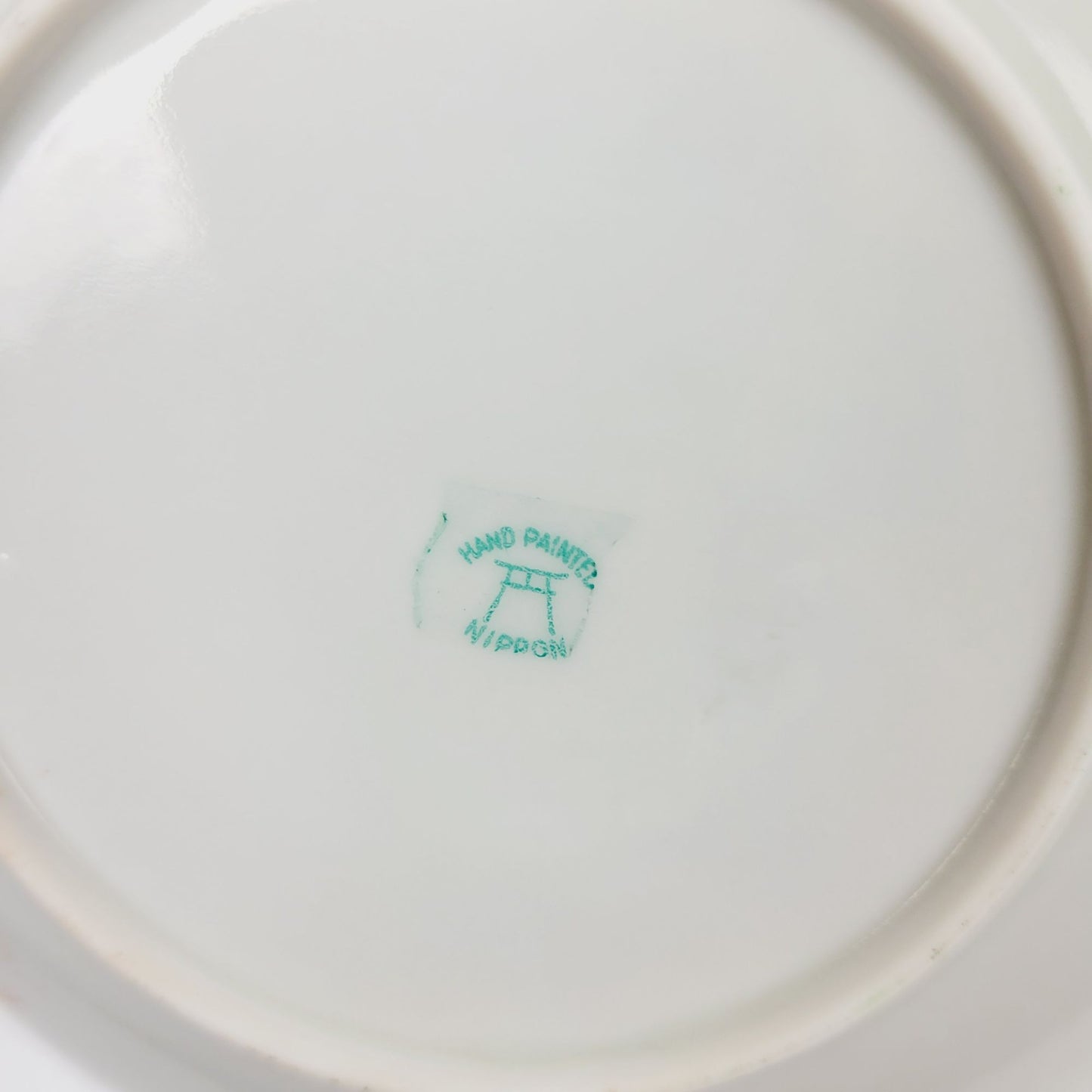 Nippon Kutani Teacup & Saucers, Green Trim Hand Painted Japanese Mountain & Lake Scene