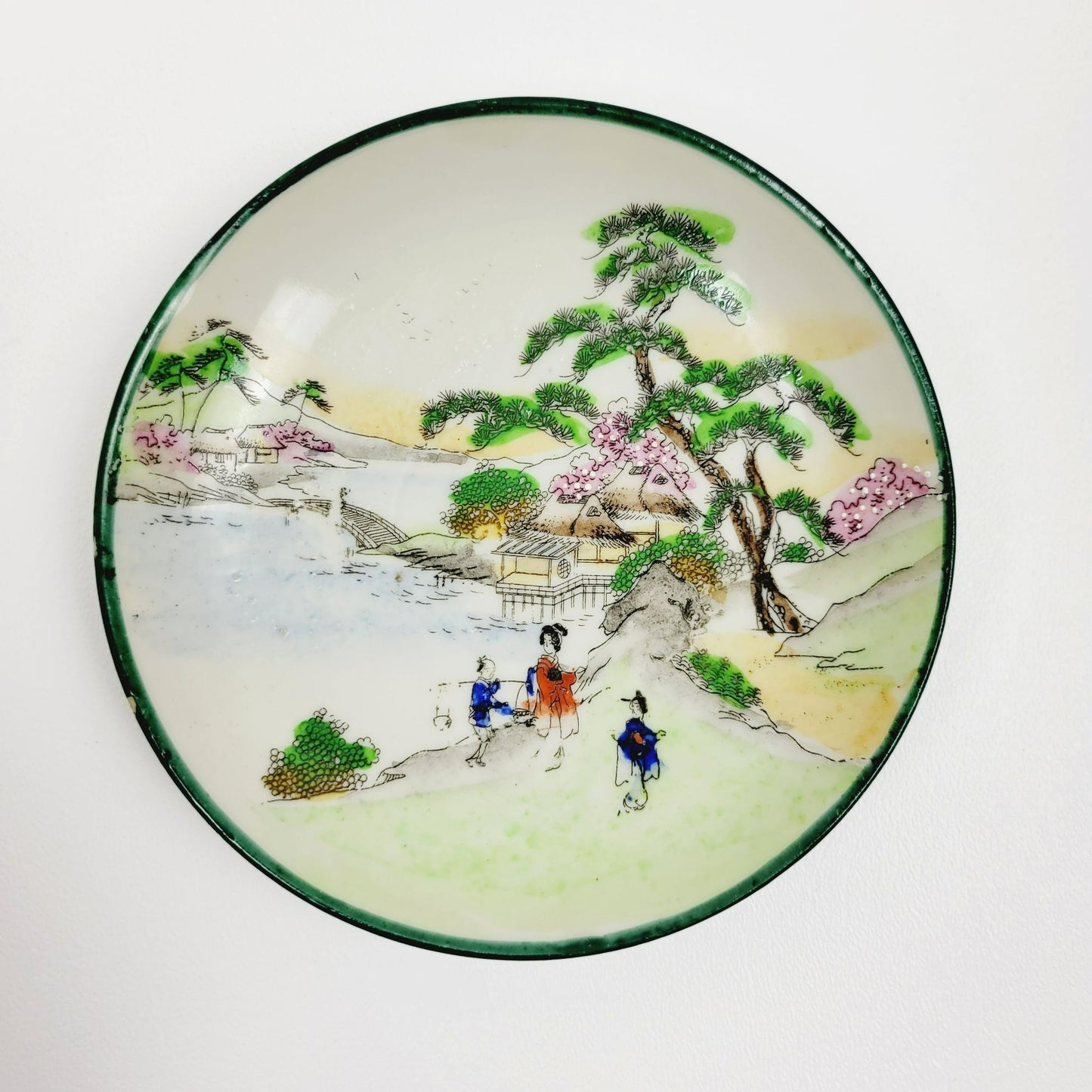 Nippon Kutani Teacup & Saucers, Green Trim Hand Painted Japanese Mountain & Lake Scene