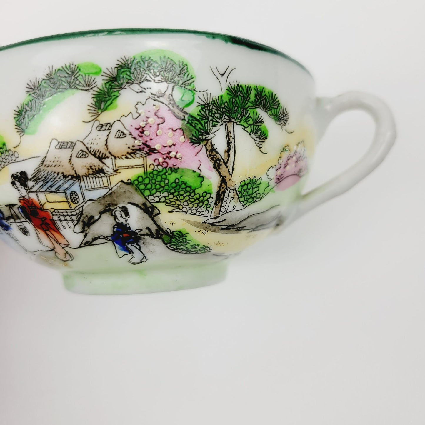Nippon Kutani Teacup & Saucers, Green Trim Hand Painted Japanese Mountain & Lake Scene