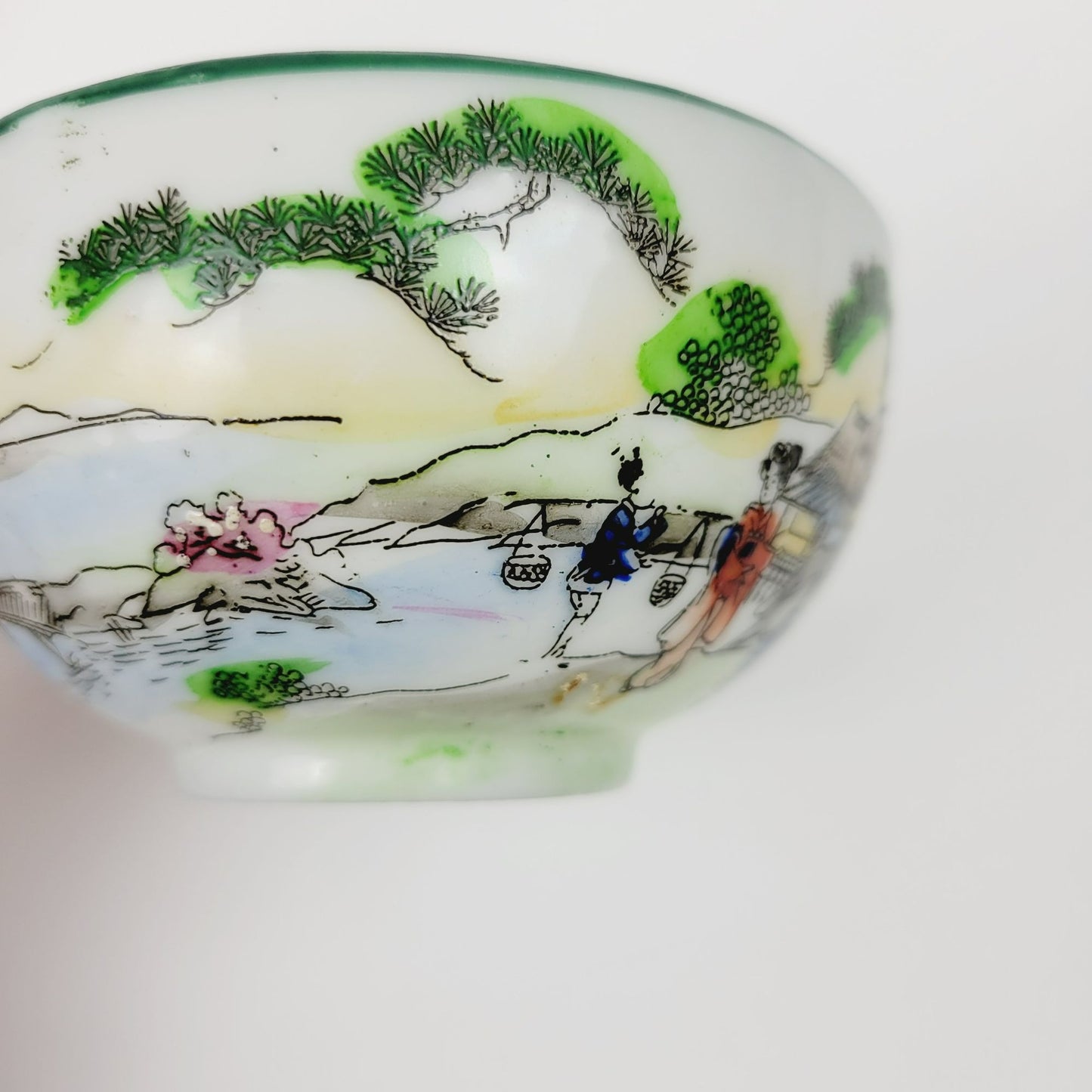 Nippon Kutani Teacup & Saucers, Green Trim Hand Painted Japanese Mountain & Lake Scene