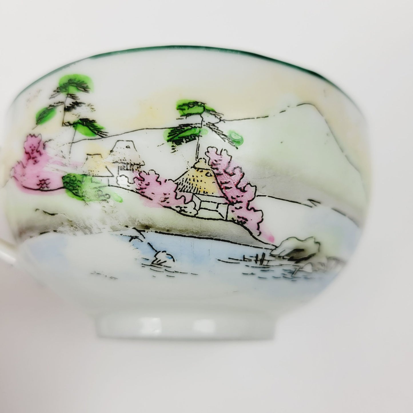 Nippon Kutani Teacup & Saucers, Green Trim Hand Painted Japanese Mountain & Lake Scene