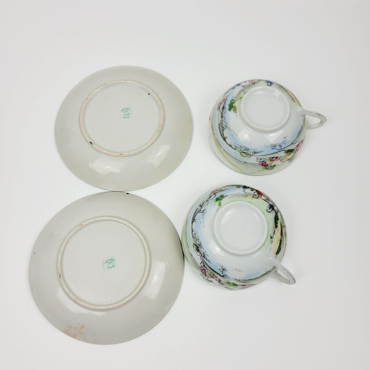 Nippon Kutani Teacup & Saucers, Green Trim Hand Painted Japanese Mountain & Lake Scene