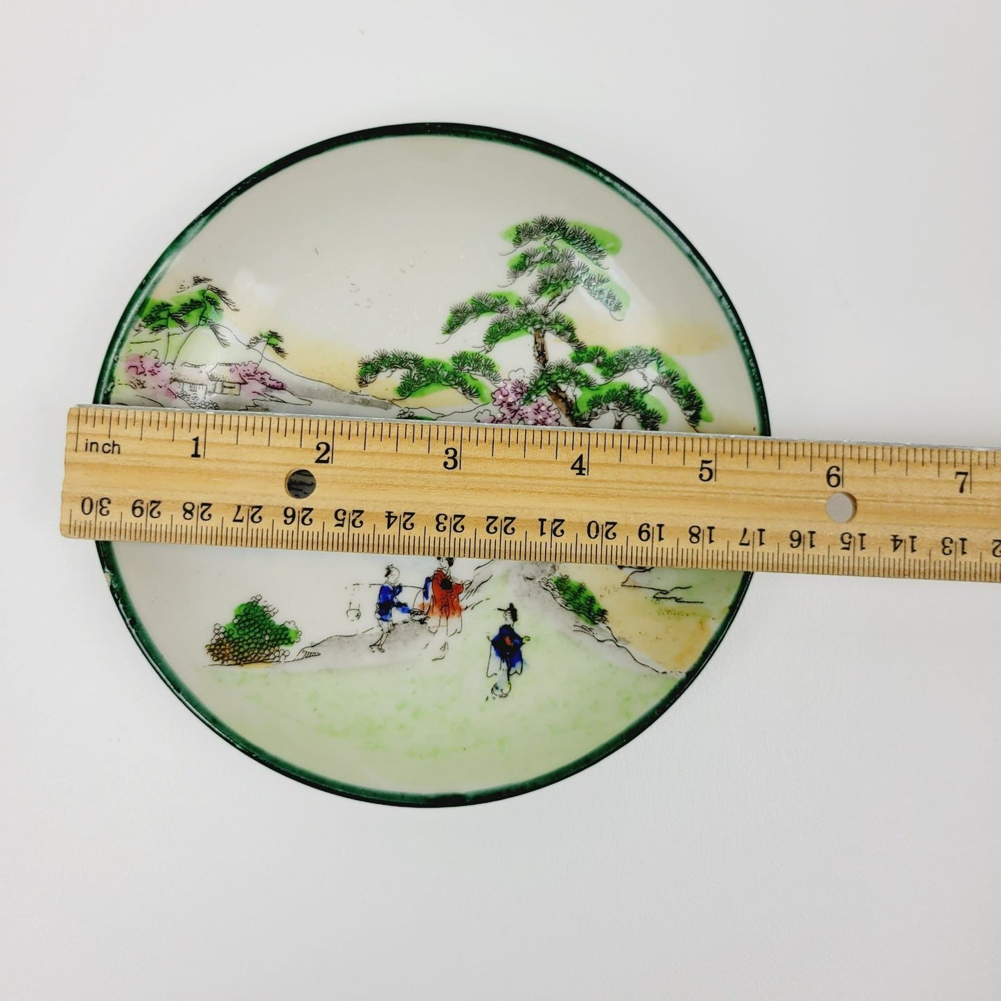 Nippon Kutani Teacup & Saucers, Green Trim Hand Painted Japanese Mountain & Lake Scene
