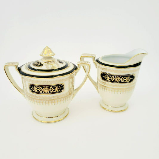 Noritake Art Nouveau Creamer & Sugar Bowl, Vintage c1940s, Cream Base Hand Painted Black and Gold Laurel Floral Pattern