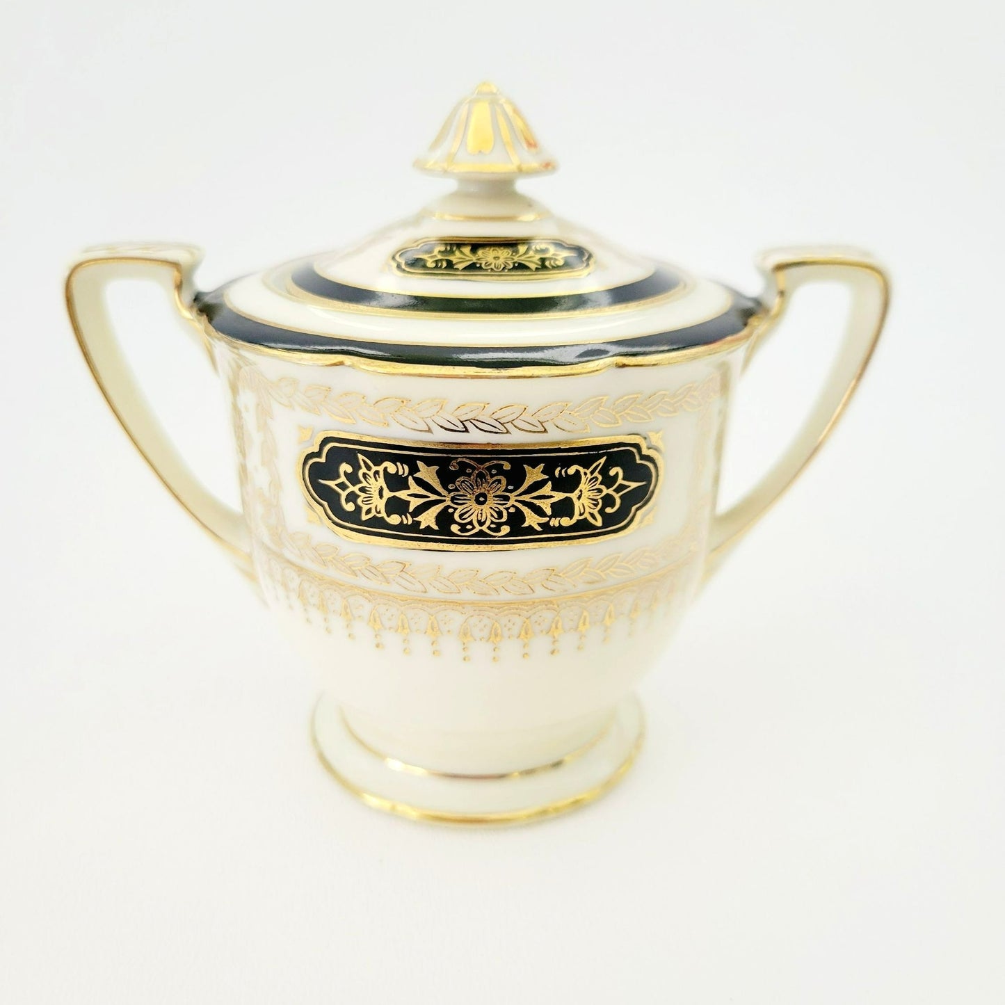Noritake Art Nouveau Creamer & Sugar Bowl, Vintage c1940s, Cream Base Hand Painted Black and Gold Laurel Floral Pattern