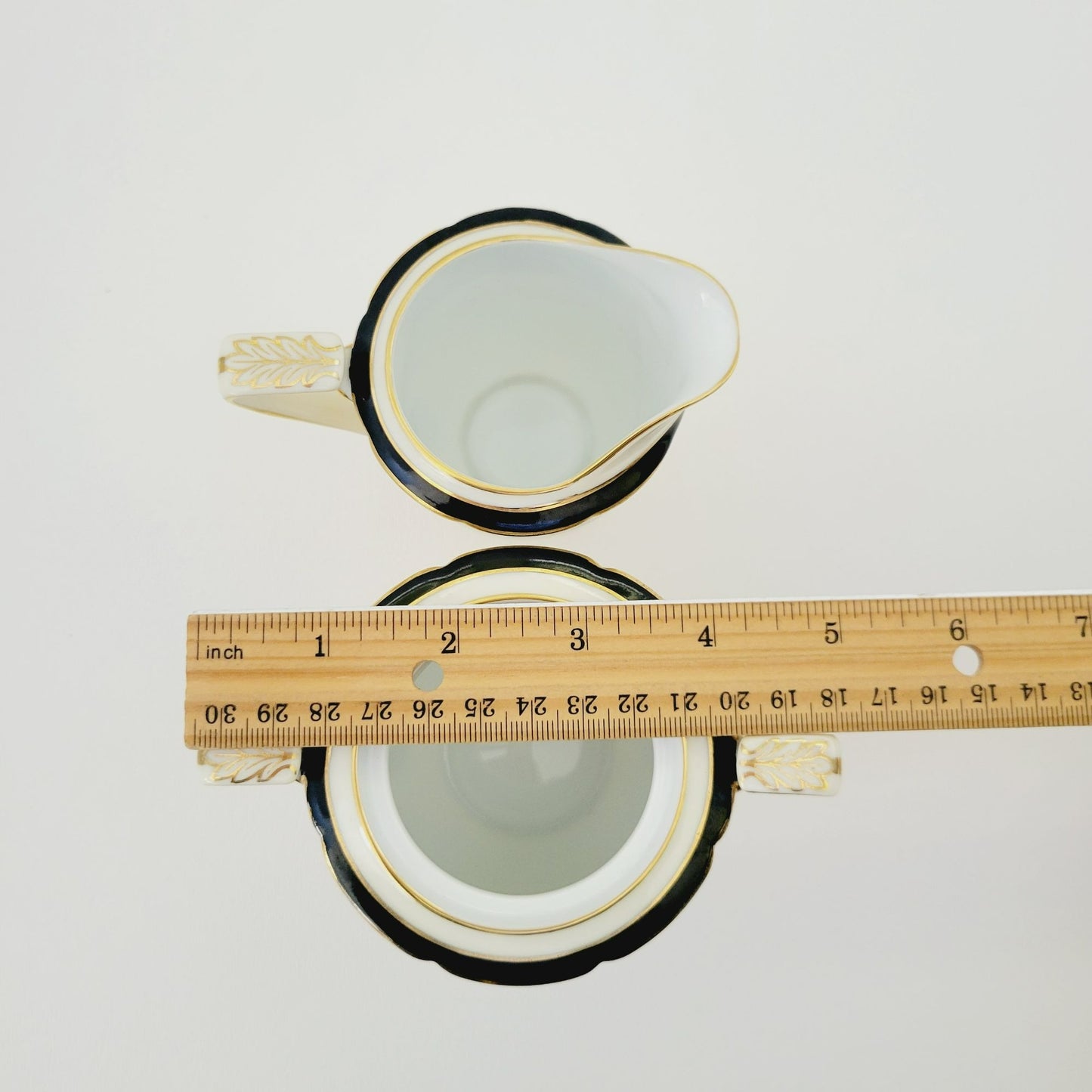 Noritake Art Nouveau Creamer & Sugar Bowl, Vintage c1940s, Cream Base Hand Painted Black and Gold Laurel Floral Pattern