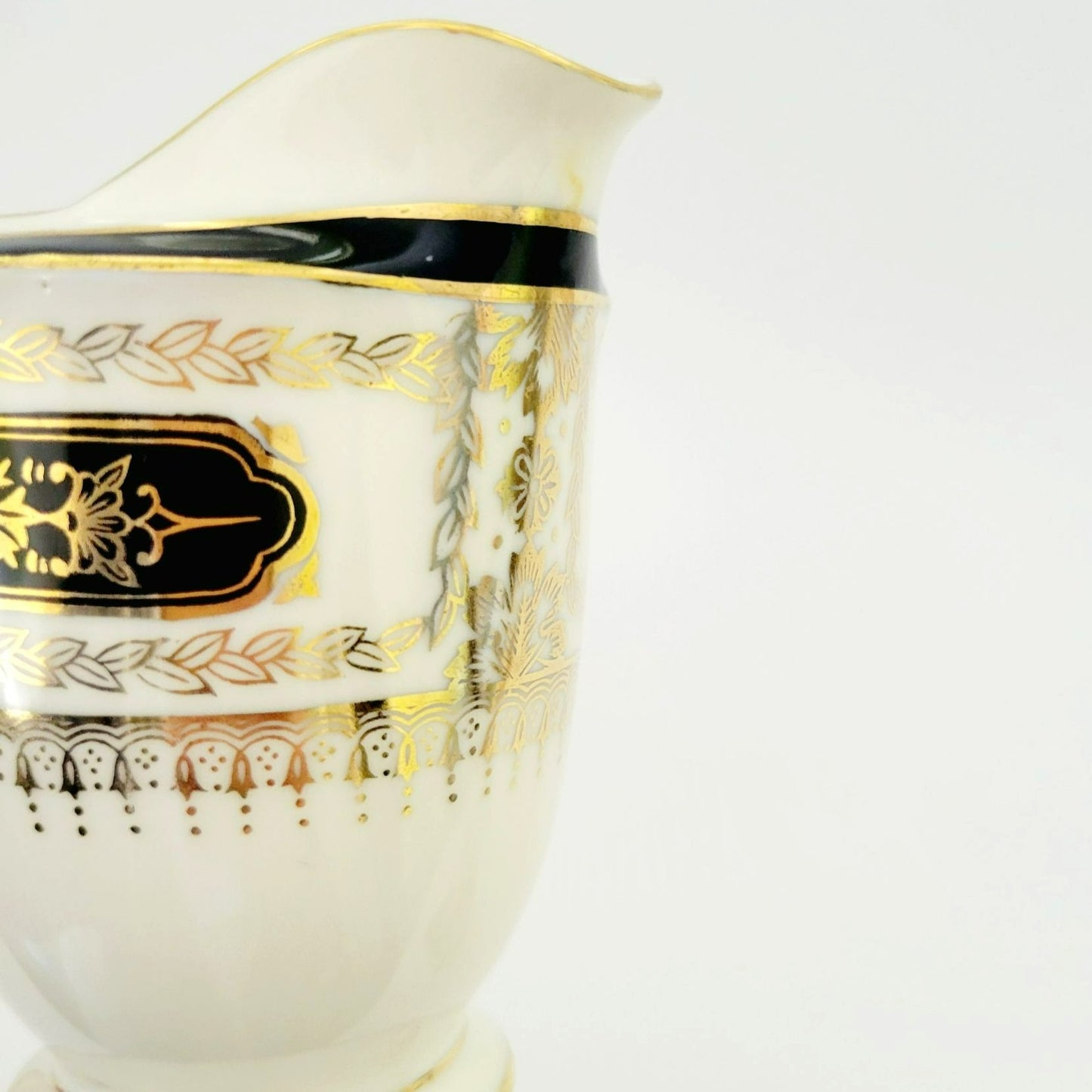 Noritake Art Nouveau Creamer & Sugar Bowl, Vintage c1940s, Cream Base Hand Painted Black and Gold Laurel Floral Pattern