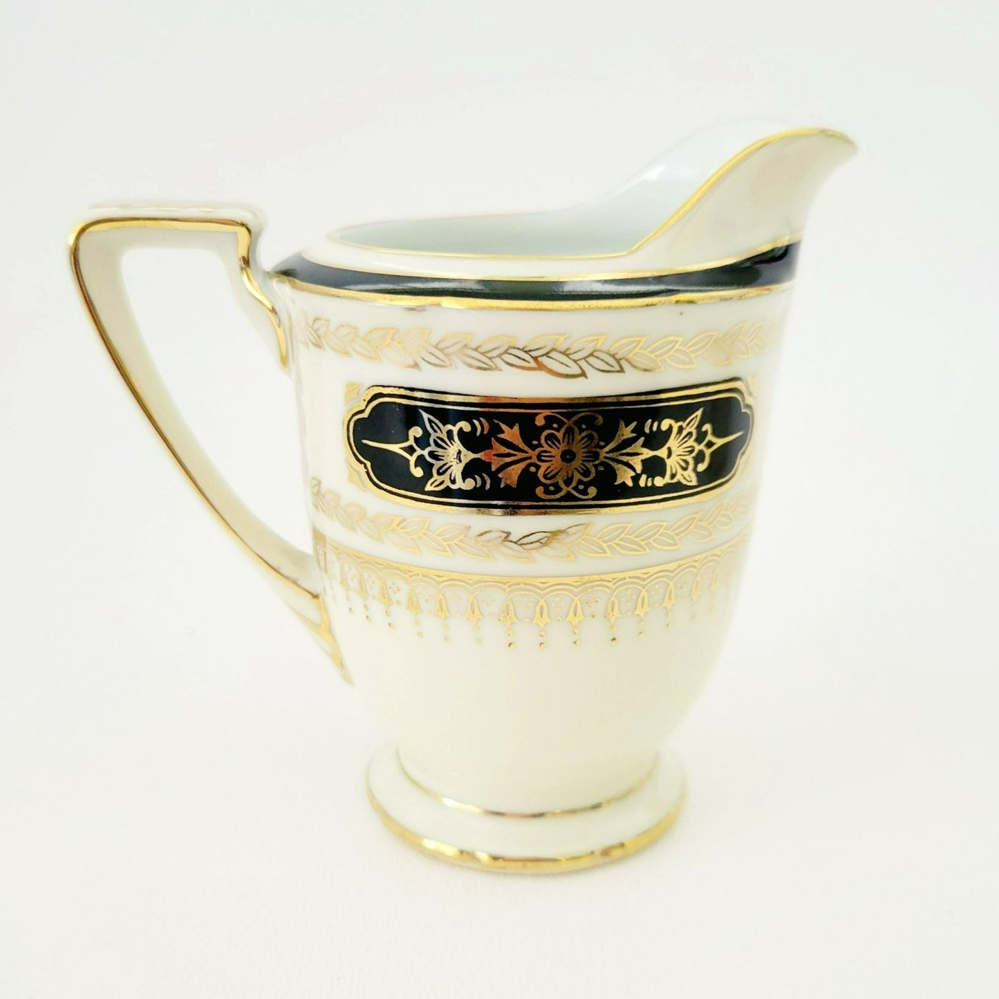 Noritake Art Nouveau Creamer & Sugar Bowl, Vintage c1940s, Cream Base Hand Painted Black and Gold Laurel Floral Pattern