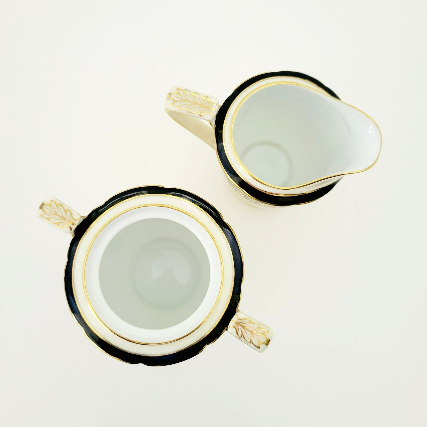 Noritake Art Nouveau Creamer & Sugar Bowl, Vintage c1940s, Cream Base Hand Painted Black and Gold Laurel Floral Pattern