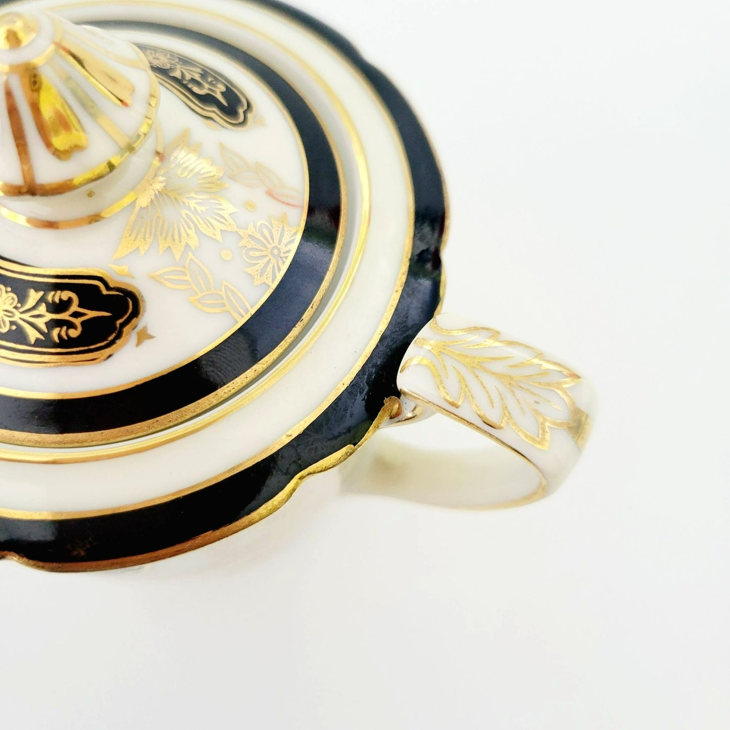 Noritake Art Nouveau Creamer & Sugar Bowl, Vintage c1940s, Cream Base Hand Painted Black and Gold Laurel Floral Pattern