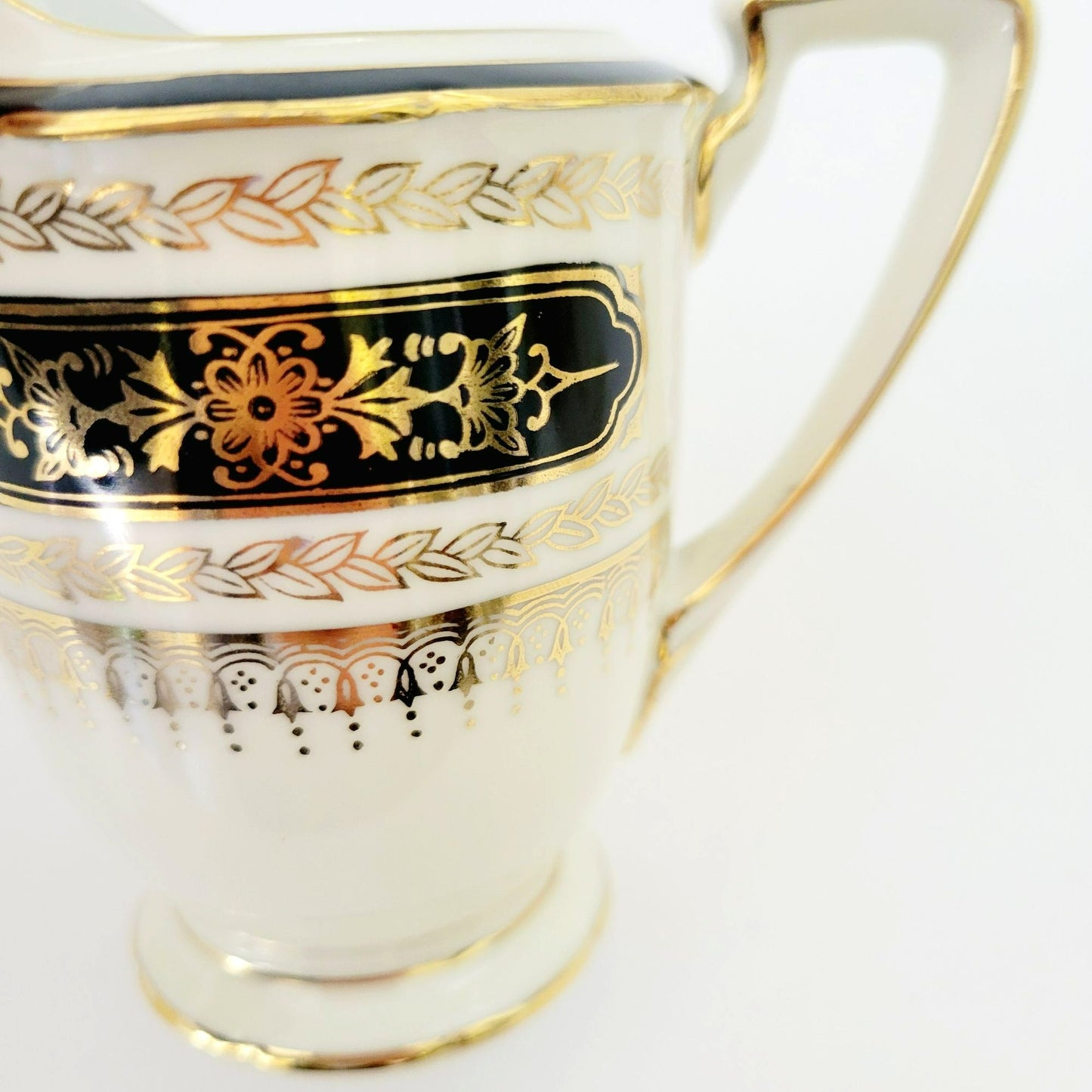 Noritake Art Nouveau Creamer & Sugar Bowl, Vintage c1940s, Cream Base Hand Painted Black and Gold Laurel Floral Pattern
