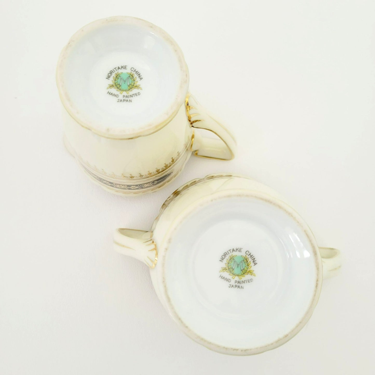 Noritake Art Nouveau Creamer & Sugar Bowl, Vintage c1940s, Cream Base Hand Painted Black and Gold Laurel Floral Pattern