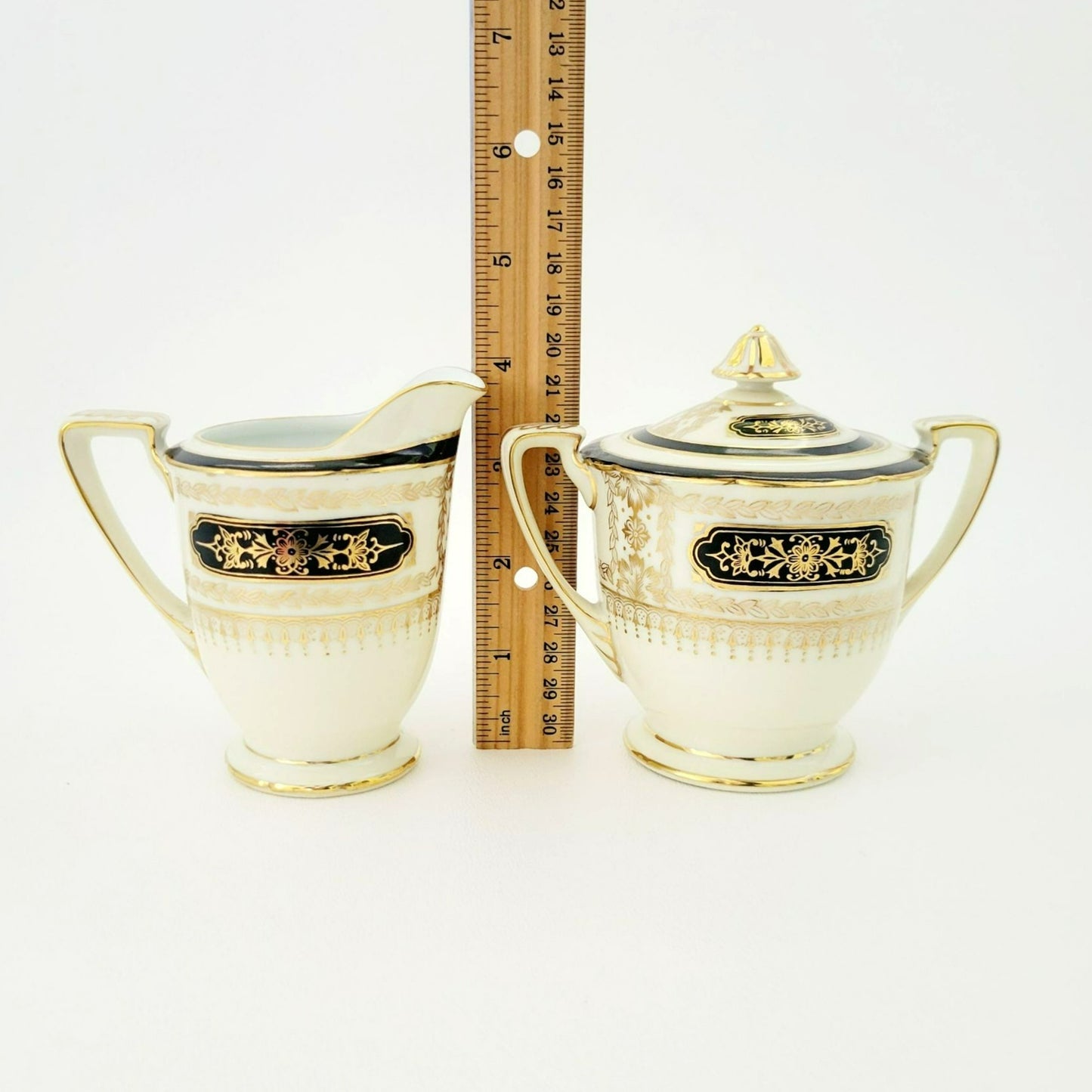 Noritake Art Nouveau Creamer & Sugar Bowl, Vintage c1940s, Cream Base Hand Painted Black and Gold Laurel Floral Pattern