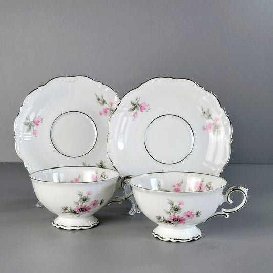 German Pink, Gray & Silver Footed Teacup & Saucer, 2 Sets, Floral Design, c.1969 by Tirschenreuth Picardy, Bavaria Germany