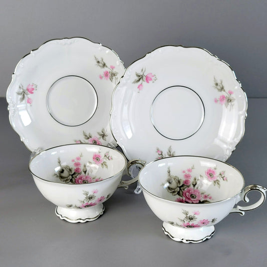 German Pink, Gray & Silver Footed Teacup & Saucer, 2 Sets, Floral Design, c.1969 by Tirschenreuth Picardy, Bavaria Germany