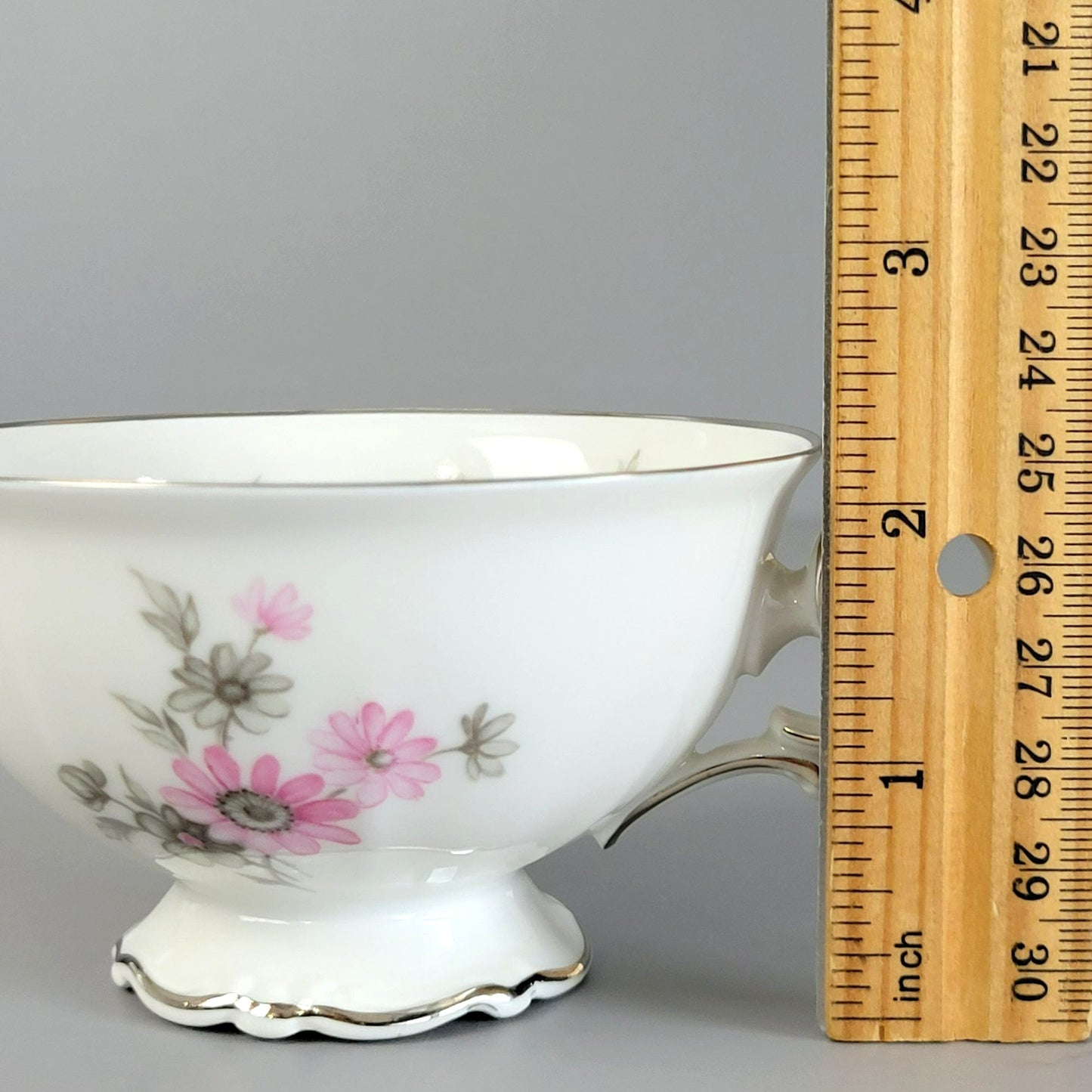 German Pink, Gray & Silver Footed Teacup & Saucer, 2 Sets, Floral Design, c.1969 by Tirschenreuth Picardy, Bavaria Germany