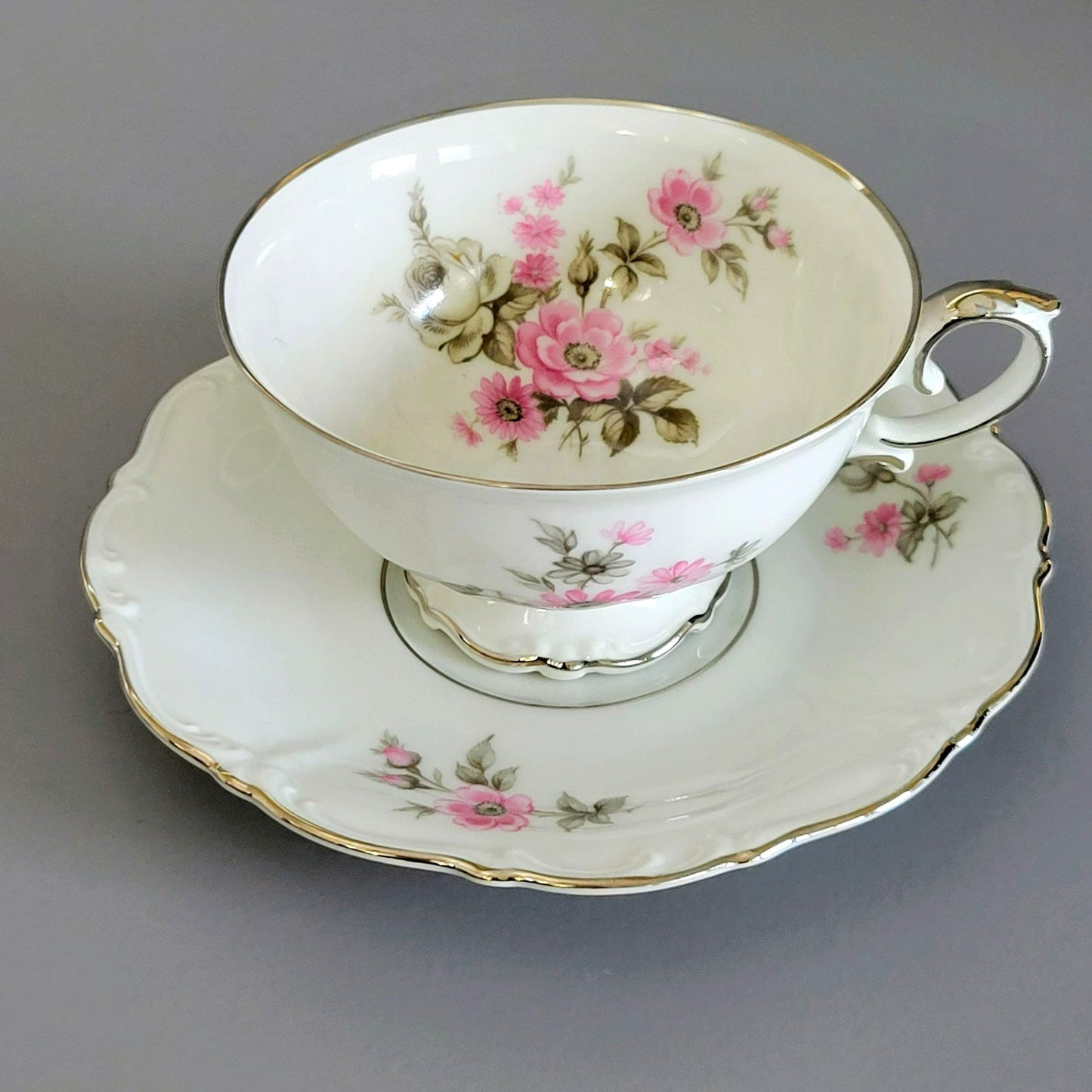 German Pink, Gray & Silver Footed Teacup & Saucer, 2 Sets, Floral Design, c.1969 by Tirschenreuth Picardy, Bavaria Germany