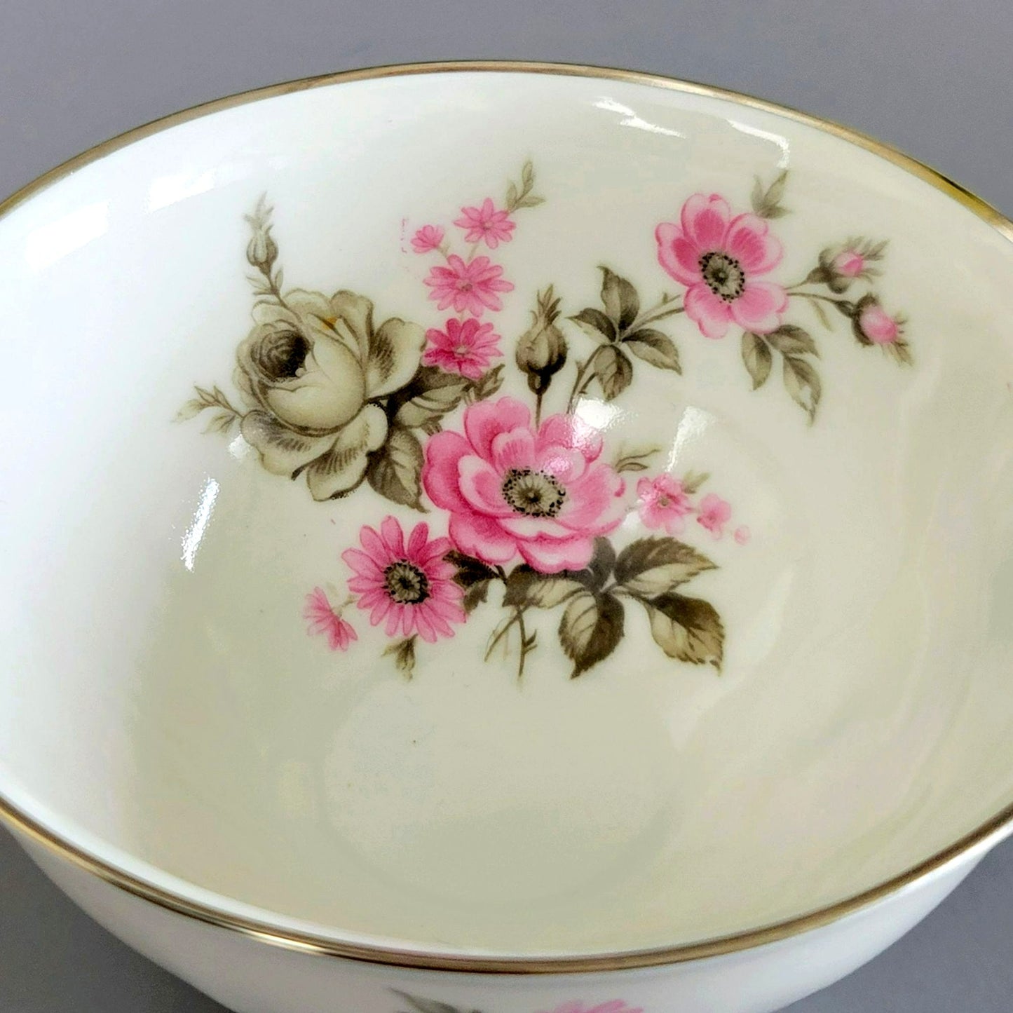 German Pink, Gray & Silver Footed Teacup & Saucer, 2 Sets, Floral Design, c.1969 by Tirschenreuth Picardy, Bavaria Germany