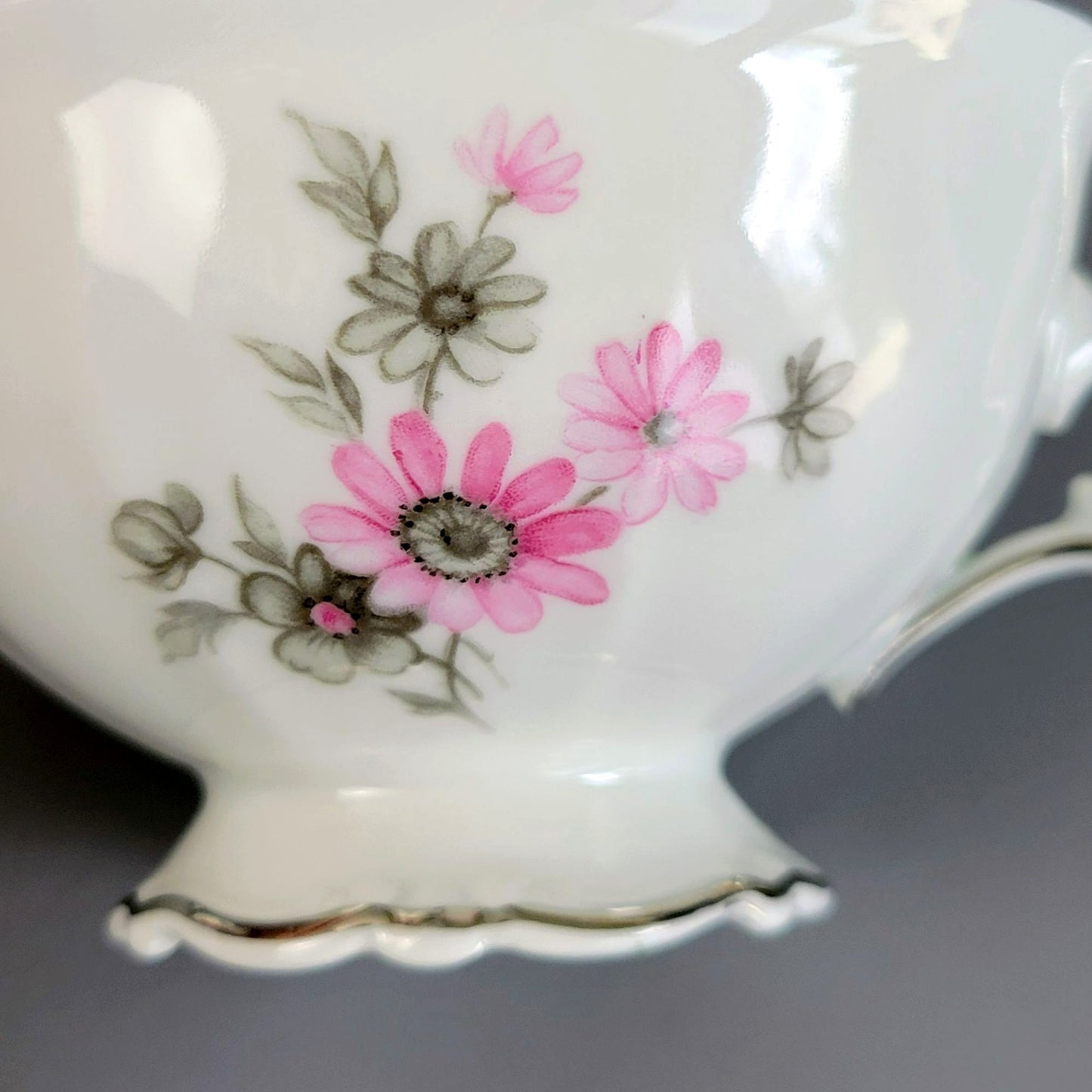 German Pink, Gray & Silver Footed Teacup & Saucer, 2 Sets, Floral Design, c.1969 by Tirschenreuth Picardy, Bavaria Germany