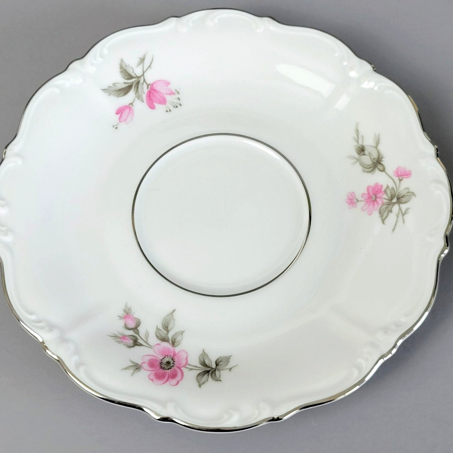 German Pink, Gray & Silver Footed Teacup & Saucer, 2 Sets, Floral Design, c.1969 by Tirschenreuth Picardy, Bavaria Germany