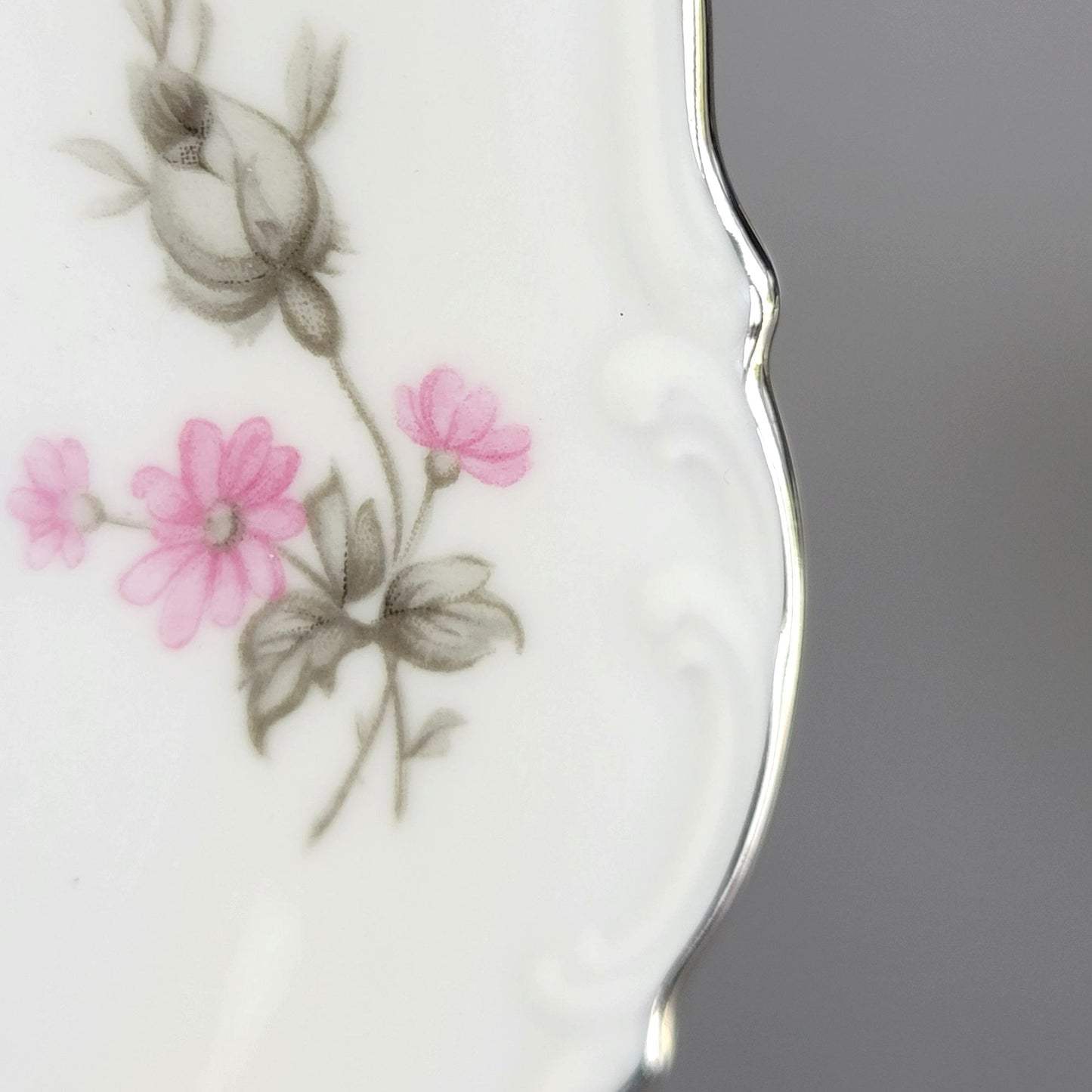 German Pink, Gray & Silver Footed Teacup & Saucer, 2 Sets, Floral Design, c.1969 by Tirschenreuth Picardy, Bavaria Germany
