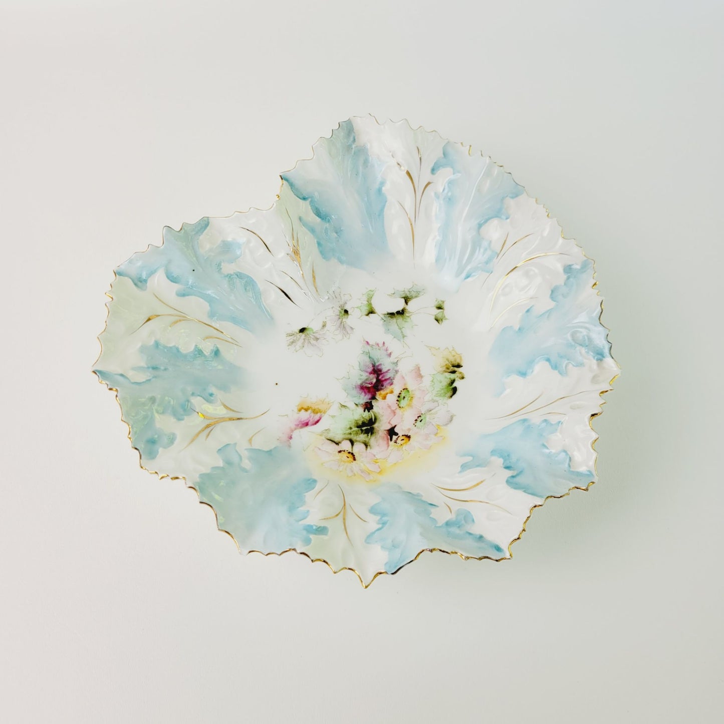 Antique RS Prussia Heart Shaped Blue & White Bowl, Gilded Gold Embossed Floral & Leaves, Mold #0M5, c.1890s