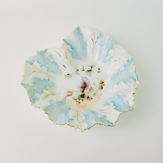 Antique RS Prussia Heart Shaped Blue & White Bowl, Gilded Gold Embossed Floral & Leaves, Mold #0M5, c.1890s
