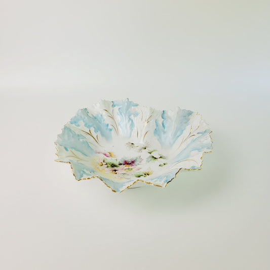 Antique RS Prussia Heart Shaped Blue & White Bowl, Gilded Gold Embossed Floral & Leaves, Mold #0M5, c.1890s